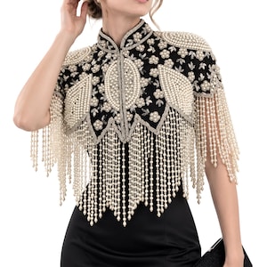 Beaded Capelet Pearl Cape, 1920s Flapper Fringe Shoulder Cloak, Gatsby Charleston Vintage Wrap, Handmade Black Evening Cover Up