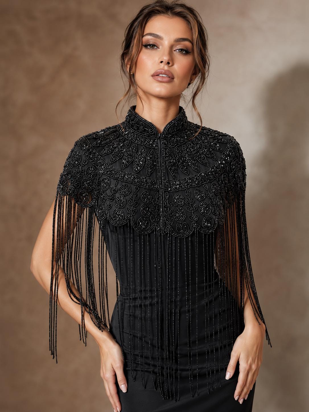 Black Sequins Stole Long, Handmade Beaded Shoulder Cloak, Formal Evening Fringe Cape, Beaded Clothing Black Tie Gala Topper for Women