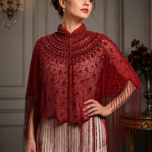 Ruby Red Stones Beaded Luxury Bridal Cape: Indian Wedding Cover-Up Shrug, Sangeet Bridal Shoulder Cloak Handmade Long Fringe