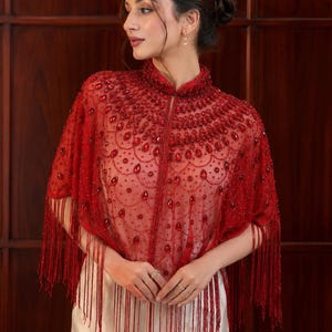Ruby Red Stones Beaded Luxury Cape: 1920s Gatsby Wedding Cover-Up Shrug, Vintage Flapper Shoulder Cloak Handmade Fringe Topper