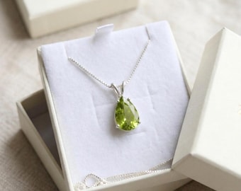 Pear Cut Peridot Necklace, Silver Plated Pendant, August Birthstone Jewelry