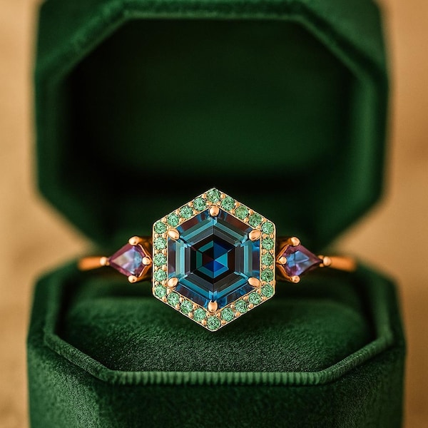 Hexagon Alexandrite Halo Ring • Color Change Engagement Ring
