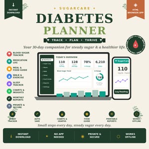 May include: A digital diabetes planner interface featuring a dashboard with blood sugar trends, medication logs, and meal guides. The layout includes a laptop and smartphone display showing health metrics, charts, and tracking icons in green, orange, and blue.