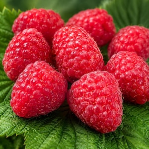 May include: A cluster of fresh, vibrant red raspberries with a textured, bumpy surface resting on a large, serrated green leaf. Each raspberry displays a conical shape and a deep crimson color, highlighting the natural detail of the fruit.