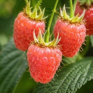 May include: Three ripe red raspberries hanging from a green stem. Each berry features a textured, bumpy surface with small, fine hairs and a light green calyx at the top. The fruit is vibrant in color, showing a mix of bright red and pink tones.