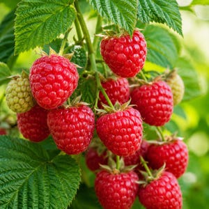 May include: A cluster of vibrant red raspberries hanging from a green stem with serrated leaves. The berries exhibit a textured, bumpy surface characteristic of ripe fruit, with one pale green, unripe raspberry visible on the left side of the branch.