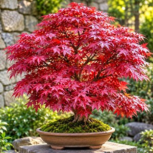 May include: A Japanese maple bonsai tree with vibrant red, palmate leaves and a thick, textured trunk. The tree is planted in a shallow, round, brown ceramic pot filled with soil covered in a layer of green moss, creating a dense canopy.