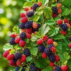 May include: A cluster of blackberries in various stages of ripeness, ranging from bright red to deep black, attached to green stems with serrated leaves. The berries are textured with small drupelets, showing a mix of colors on the vine.
