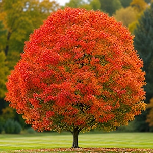 May include: A deciduous tree with a dense, rounded canopy of vibrant orange and red autumn foliage. The tree features a single dark trunk and is positioned in an open area with a green lawn, showcasing a full display of seasonal leaf colors.