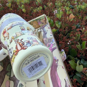 Op de afbeelding: Een lichtgroene Stanley-beker met Winnie de Poeh-personages. De beker heeft een wit handvat en wordt geleverd in een bijpassende doos. Het ontwerp bevat illustraties van Poeh, Teigetje en andere personages. De tekst op de beker luidt "STANLEY".