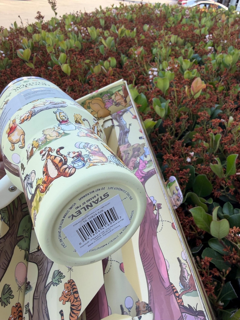 Op de afbeelding: Een lichtgroene Stanley-beker met Winnie de Poeh-personages. De beker heeft een wit handvat en wordt geleverd in een bijpassende doos. Het ontwerp bevat illustraties van Poeh, Teigetje en andere personages. De tekst op de beker luidt "STANLEY".