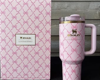 Personalized StanleyxLove Shack Fancy Baby Bow Pink Peppermint 40oz Holiday Quencher.