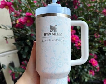 Personalized StanleyxLove Shack 40oz Quencher H2.0 FlowState Tumbler in the "Coquette Bow Winter Ice"
