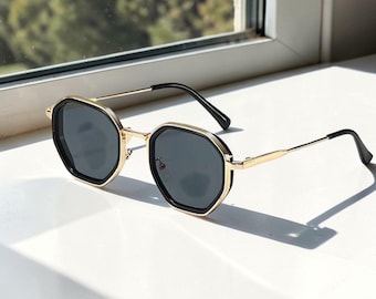Vintage Summer Sun Glasses For Men Women - Octagonal Black Gold Frame, Pilot Sunglasses