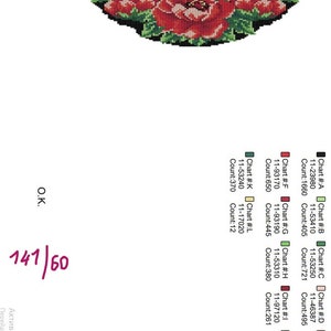 May include: A beaded design featuring red flowers with green leaves on a black background. The design is in the shape of a half-circle.