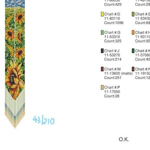 May include: A beaded loom pattern featuring a sunflower field under a blue sky, with a fringe at the bottom. The image includes a color legend with chart numbers and bead counts, plus the handwritten blue text 43/210 and the letters O.K.