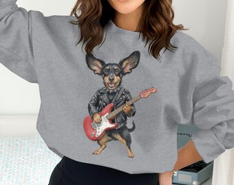 Rock'n'Roll Doxie T-Shirt, Dackel Hund Gitarist T-Shirt, Wurst Hund Musiker Sweatshirt, Rockstar Hund Hoodie, Lustiges Haustier Liebhaber Geschenk