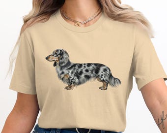 Dapple Dackel T Shirt, langhaariger Doxie T-Shirt, Wursthund, niedlicher Hund Shirt, Männer Frauen