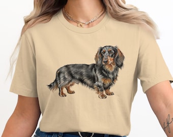Long Haired Dachshund T-Shirt, Doxie Gift, Sausage Dog Tee, Dog Lover Shirt, Wiener Dog, For Men and Women, Pet Portrait
