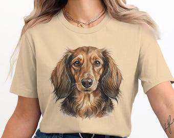 Long Haired Dachshund T-Shirt, Doxie Watercolor Art, Sausage Dog Tee, Gift For Men And Women, Dog Lover Shirt, Pet Portrait Top