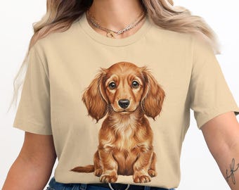 Cute Dachshund T-Shirt, Watercolor Doxie Tee, Sausage Dog Shirt for Men, Women, Dog Lover Gift, Long Haired Dachshund Apparel