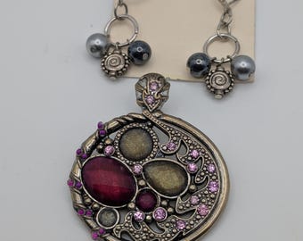 Silver Filigree Statement Pendant & Earrings Set - Purple Crystal Vintage Style Jewelry Set