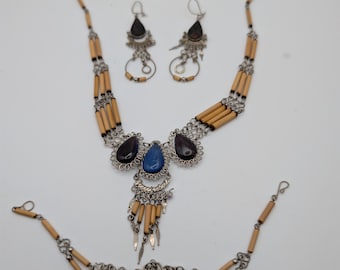 Boho Tribal Silver Necklace Set with Blue & Brown Stones