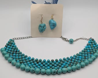 Layered Turquoise Necklace Set with Nugget Earrings - Bold Blue Gemstone Beaded Jewelry