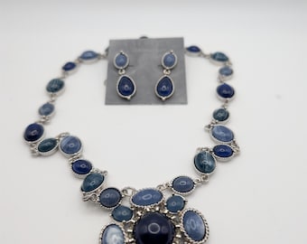 Talbots Blue Stone Statement Necklace Earrings Set Silver Tone Cabochon Bold Vintage Style