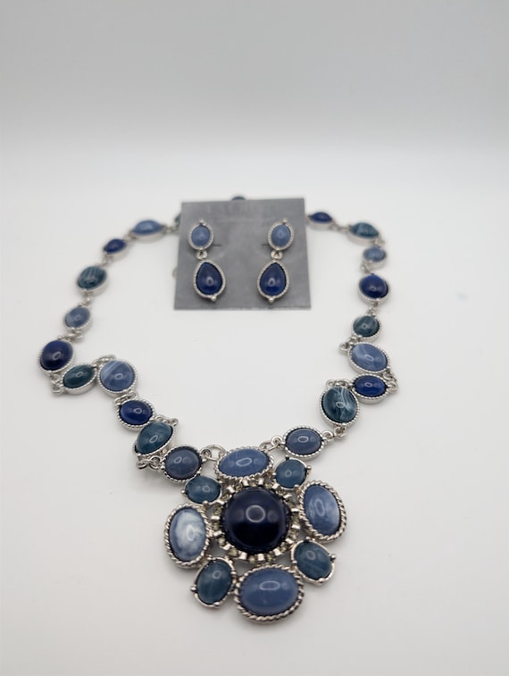 Talbots Blue Stone Statement Necklace Earrings Se… - image 1