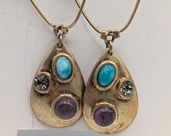 Vintage Nine West Gold Tone Teardrop Earrings Turquoise Purple Crystal Boho
