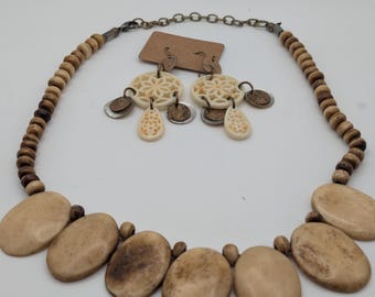 Boho Bone Necklace Earring Set - Carved Floral Bone, Tribal Beaded Statement Jewelry