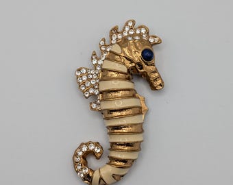 Vintage Seahorse Pendant Necklace Gold Tone Enamel Rhinestone Blue Cabochon Eye Convertible Brooch.