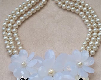 Vintage Multi-Strand Faux Pearl Statement Necklace w/ White Lucite Flowers & Black Daisies