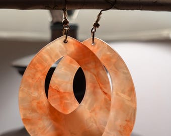 Marbled Orange Resin Dangle Earrings, Teardrop Statement Jewelry, Lightweight Amber Drop Earrings
