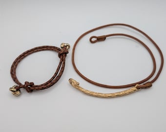 Handmade Leather Bar Necklace & Braided Bracelet Set
