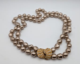 Double strand Champagne Faux Pearl Necklace with Gold Rhinestone Bow Clasp