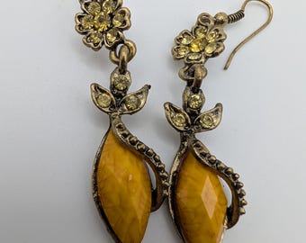 Antique Bronze Flower with Yellow Stones, Cottagecore Floral Dangle Earrings