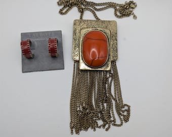 Vintage Carnelian Fringe Necklace & Matching Earrings Set