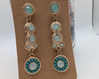 Turquoise Dangle Earrings Gold Tone Aqua Gemstone Drop Statement Boho