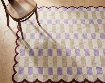 Lavender Checkerboard Hand Tufted Wool Rug Burgundy Scalloped Edge Geometric Area Rug, Soft Pastel Modern Bedroom Living Room Large Area Rug