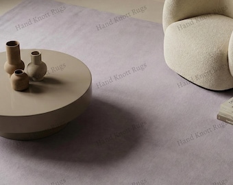 Hand Tufted Solid Soft Lavender Wool Rug with Plush Smooth Texture, Luxury Plain Minimal Design for Modern Living Room Bedroom Elegant Rug
