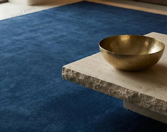 Hand Tufted Deep Blue Luxury Wool Rug with Plush Dense Texture Minimal Modern Designer Area Rug for Elegant Living Room Bedroom Interior Rug