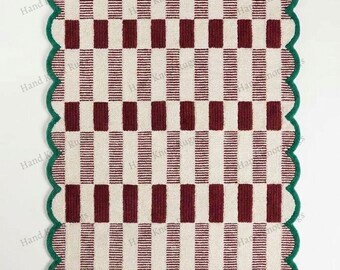 Hand Tufted Burgundy Checkerboard Wool Rug Scalloped Edge Geometric Area Rug Modern Graphic Pattern for Eclectic Large Bedroom Custom Rug