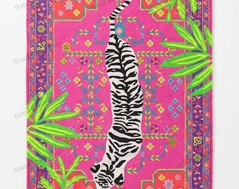 Hand Tufted Pink Zebra Jungle Wool Rug Neon Tropical Animal Print Area Rug Colorful Maximalist Statement Rug for Bedroom Living Room Decor