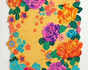 Hand Tufted Colorful Floral Wool Rug Sunshine Yellow Botanical Area Rug Bloom Statement Rug for Bedroom Living Room Feminine Decor Area Rug