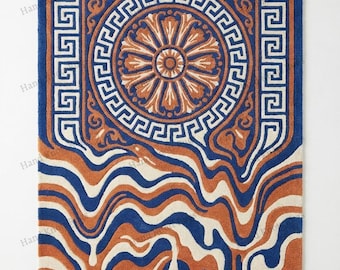 Hand Tufted Wool Greek Key Rug Royal Blue Terracotta Ivory Melted Abstract Wave Pattern Luxury Handmade Rug for Modern Living Room Decor