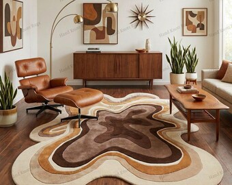 Abstract Organic Shape Hand Tufted Wool Rug Neutral Brown Beige Sculptural Area Rug Contemporary Artistic Rug Luxury Modern Statement Rug