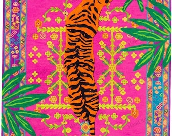 Hand Tufted Neon Tiger Jungle Rug Pink Maximalist Area Rug Colorful Animal Print Wool Rug Tropical Bedroom Living Room Statement Decor Rug