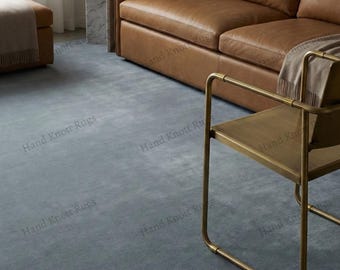 Hand Tufted Solid Blue Wool Rug for Modern Luxury Living Room Bedroom Minimal Contemporary Interior Plush Soft Texture Designer Area Rug